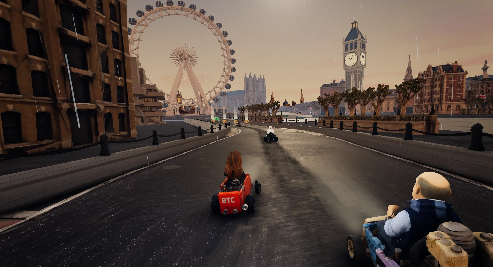 Full Send karts racing past the London Eye and Big Ben